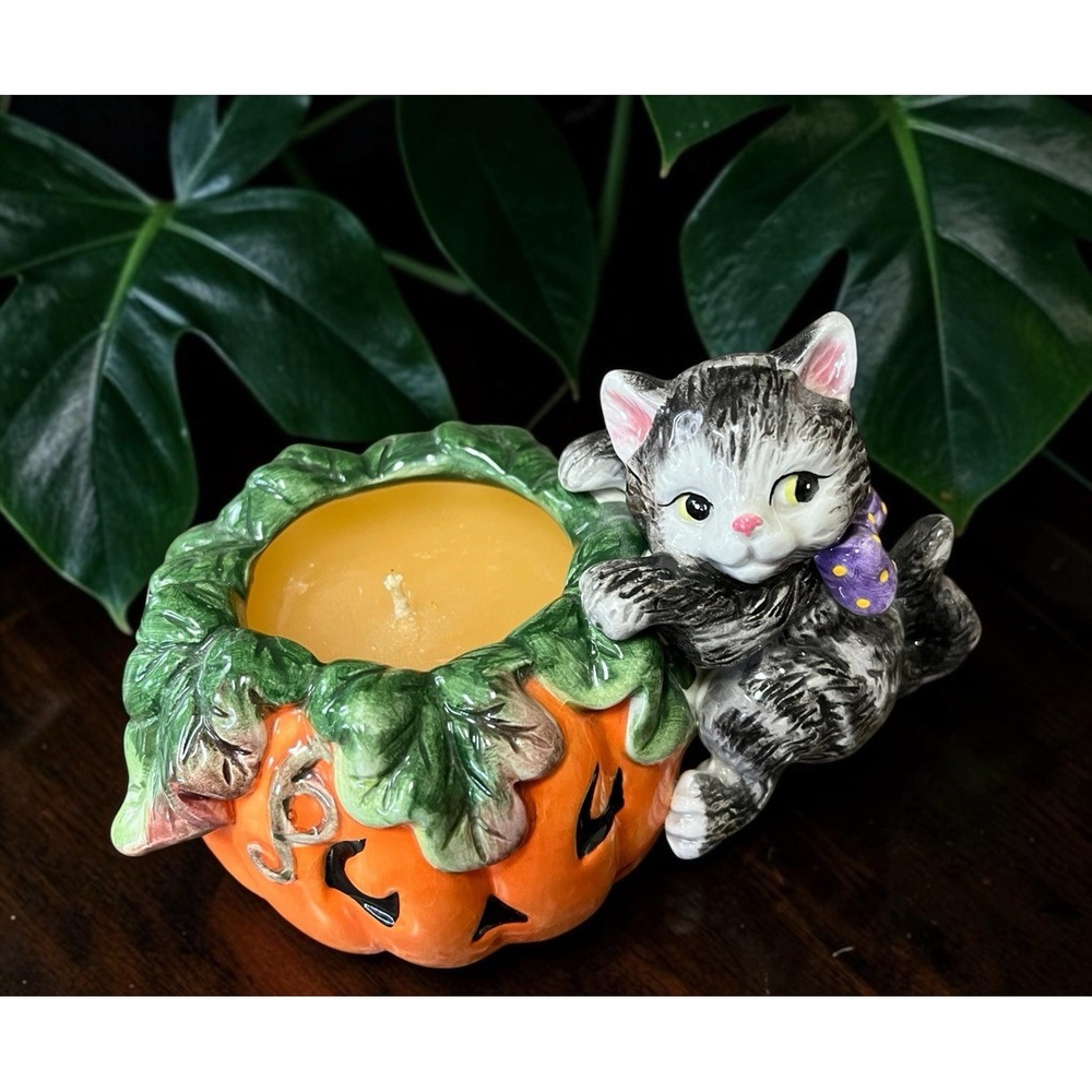 Fitz & Floyd Essentials Halloween Kitty Pumpkin Candle Holder Jar Jack-O-Lantern